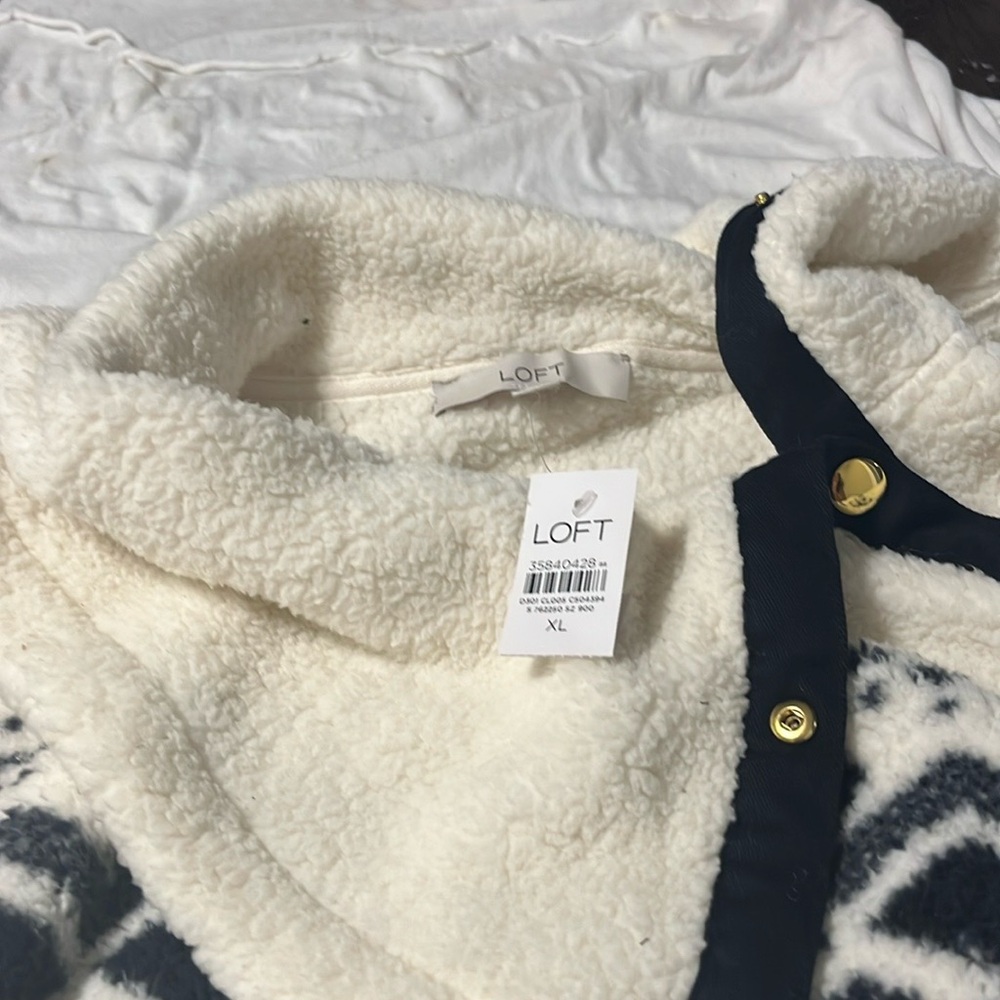 LOFT Cream and Blue Cowl Neck Sweater